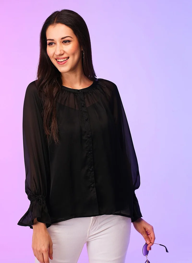 globus Globus Women Black Crepe Shirt Style Top With Inner