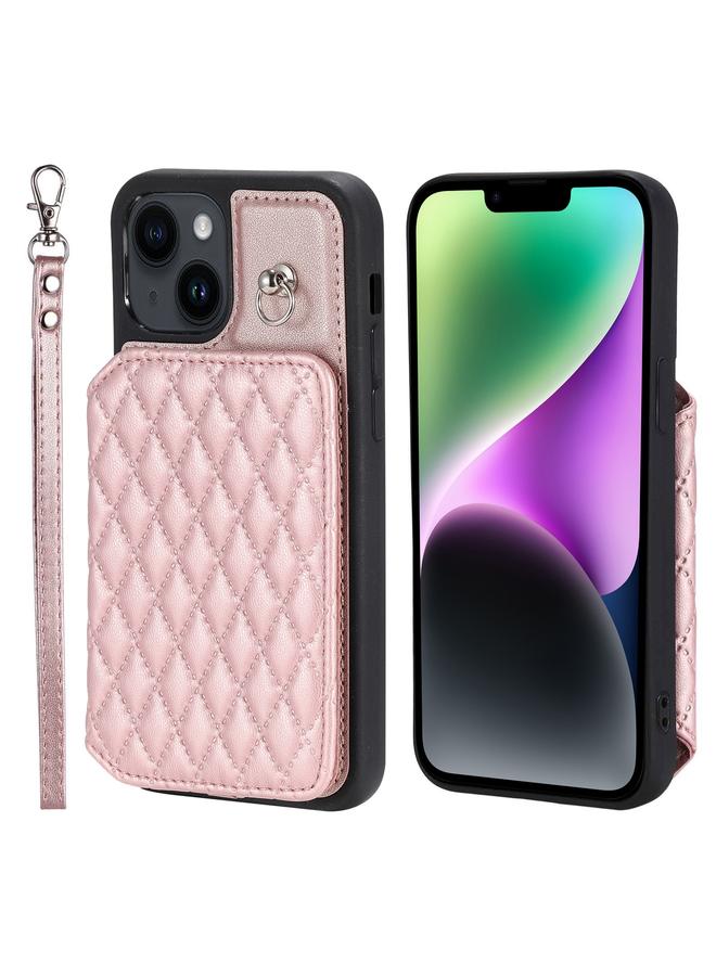 S-TOP Case For iPhone 15 Plus Grid Texture Card Bag Phone Case with Lanyard - Image 1
