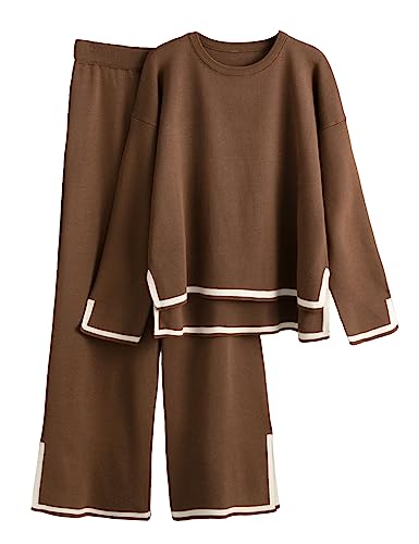 Tanming Women's 2 Piece Outfits Long Sleeve Knit Sweater Top Wide Leg Pants Lounge Sets Tracksuits (Brown-L) - Image 2