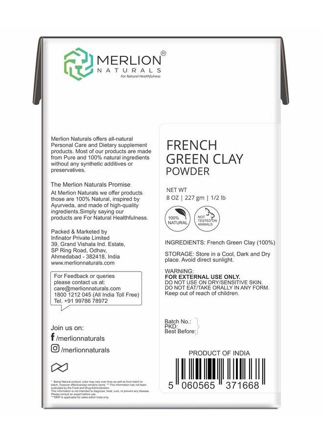 MERLION NATURALS - French Green Clay Powder; All Natural With Pure Herbs; For Healthy Hair & Skin (French Green Clay) 227G - Image 1