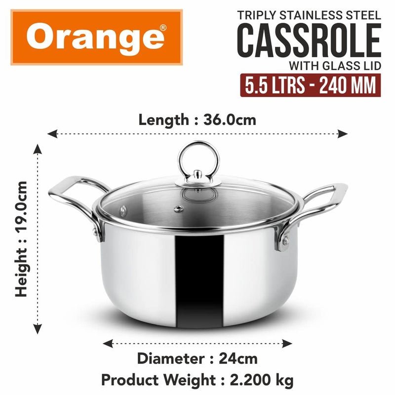 Orange Stainless Steel Triply Cook & Serve Casserole/Biryani Pot/Kadai/Handi 5.5 litres with Glass lid and Handles| 2.5mm Thickness, 240mm Diameter | Induction cooktop Friendly | (5.5L, Steel) - Image 3