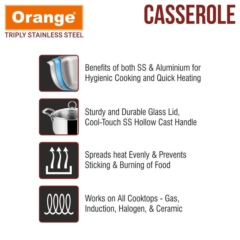 Orange Stainless Steel Triply Cook & Serve Casserole/Biryani Pot/Kadai/Handi 5.5 litres with Glass lid and Handles| 2.5mm Thickness, 240mm Diameter | Induction cooktop Friendly | (5.5L, Steel) - Image 5