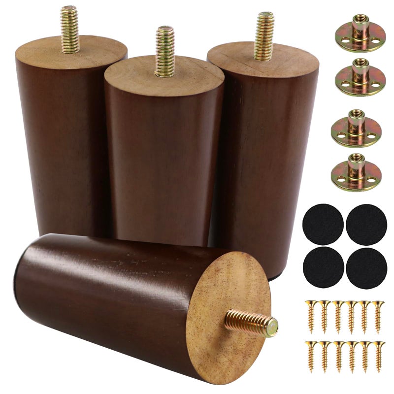 Yaliuliu 4 Inches Round Solid Wood Furniture Legs Set of 4, Brown Wooden Replacement Feet with Threaded 5/16'' Hanger Bolts for Sofa, Couch, Armchair, Cabinet, TV Stand, Ottoman and Dresser - Image 1
