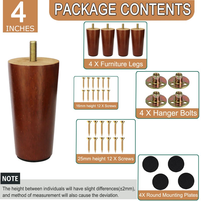 Yaliuliu 4 Inches Round Solid Wood Furniture Legs Set of 4, Brown Wooden Replacement Feet with Threaded 5/16'' Hanger Bolts for Sofa, Couch, Armchair, Cabinet, TV Stand, Ottoman and Dresser - Image 3