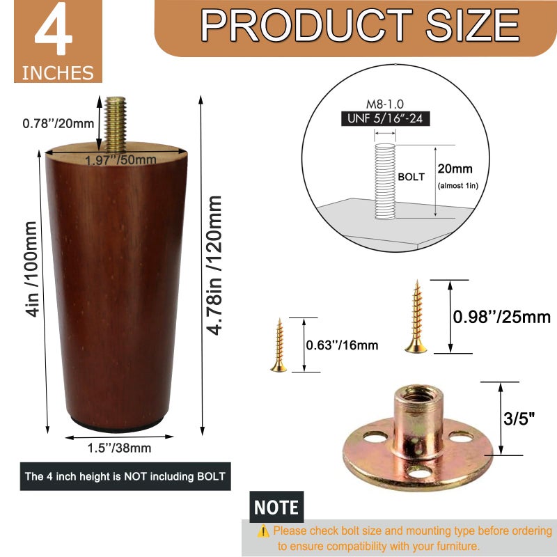 Yaliuliu 4 Inches Round Solid Wood Furniture Legs Set of 4, Brown Wooden Replacement Feet with Threaded 5/16'' Hanger Bolts for Sofa, Couch, Armchair, Cabinet, TV Stand, Ottoman and Dresser - Image 2