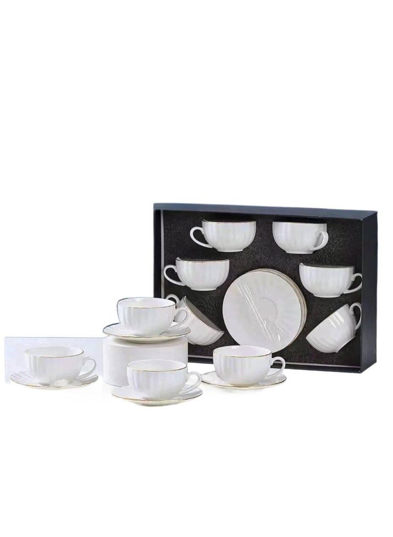 طقم فناجين قهوة وصحن من البورسلين مكون من 6 قطع مطلي باللونين الأبيض والذهبي، طقم شاي، طقم فناجين قهوة وصحن من البورسلين - 6 أكواب و6 صحون - طقم فناجين شاي أبيض أنيق من البورسلين للإسبريسو والكابتشينو واللاتيه - آمن للاستخدام في الميكروويف وغسالة الأطباق (200 مل) - Image 1