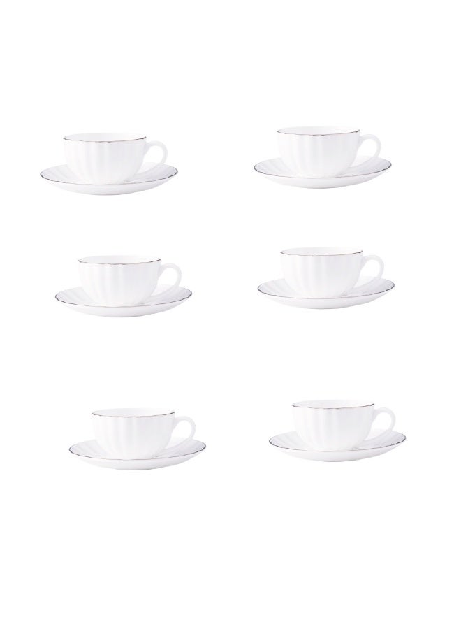 طقم فناجين قهوة وصحن من البورسلين مكون من 6 قطع مطلي باللونين الأبيض والذهبي، طقم شاي، طقم فناجين قهوة وصحن من البورسلين - 6 أكواب و6 صحون - طقم فناجين شاي أبيض أنيق من البورسلين للإسبريسو والكابتشينو واللاتيه - آمن للاستخدام في الميكروويف وغسالة الأطباق (200 مل) - Image 2