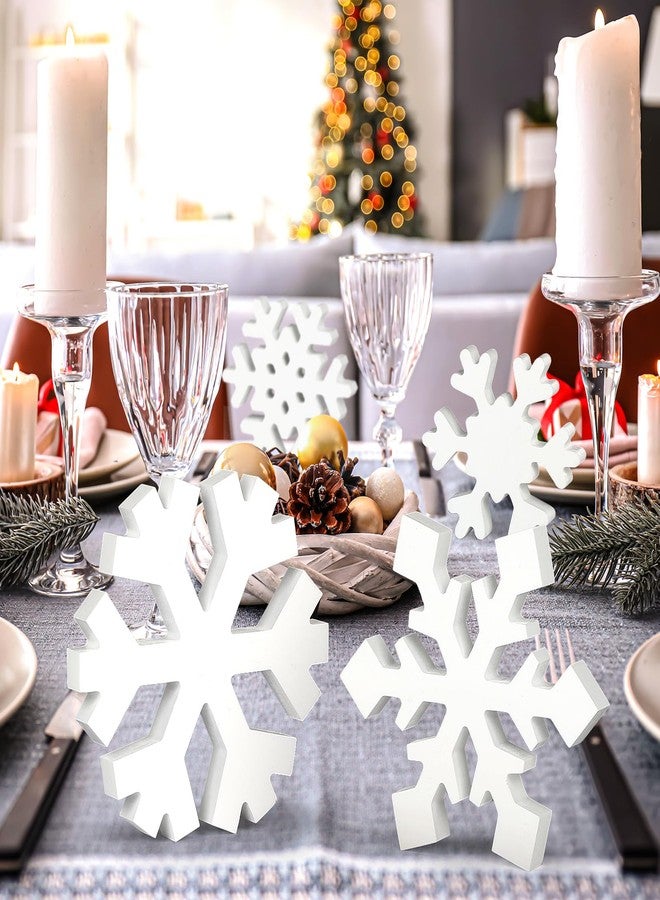 Sophena 4 Pcs Christmas Snowflake Decor Multiple Sizes Wooden Tiered Tray Decor Freestanding White Table Sign Tabletop for Winter Farmhouse Xmas Country Party Rustic Home Room Table Shelf New Year Decorations - Image 4