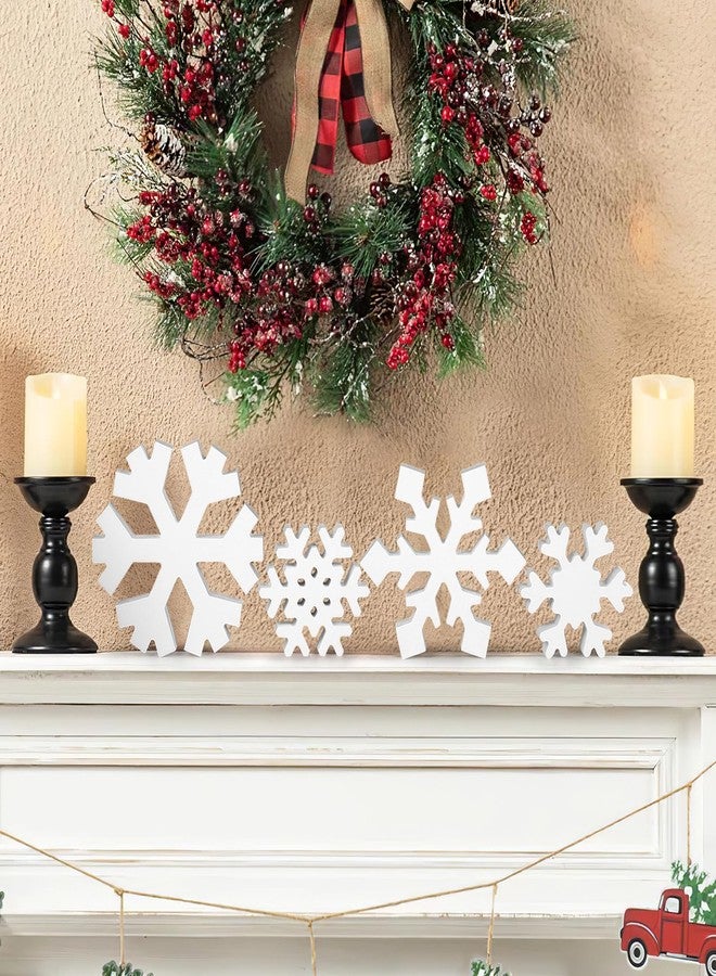 Sophena 4 Pcs Christmas Snowflake Decor Multiple Sizes Wooden Tiered Tray Decor Freestanding White Table Sign Tabletop for Winter Farmhouse Xmas Country Party Rustic Home Room Table Shelf New Year Decorations - Image 3