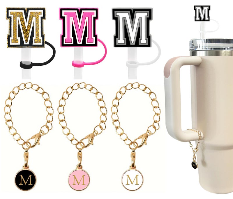 3 3 3PCS Nuozme Straw Cover 10mm For Stanley Tumbler Cup Reusable Straw Cap Topper with 3 Initial Letter Charms Accessories Name ID Personalized Handle Charm For Stanley 3040 Oz Cup Tumbler