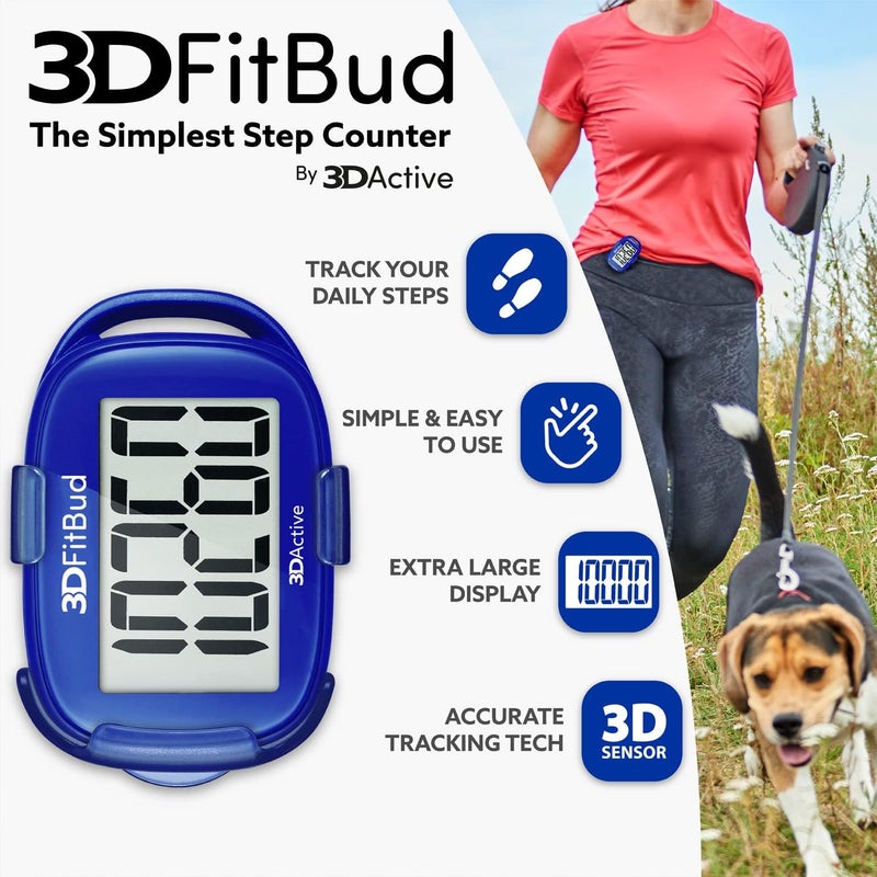 3DActive 3DFitBud Simple Step Counter Walking 3D Pedometer by with Clip, Lanyard Accurate Step Tracker Large Display, Easy to Use for Kids Men Women Adult Seniors Daily Step Tracking - A420S - Image 2