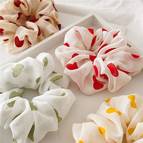 Teppylony 5 Pcs Chiffon Hair Rope Hair Ring Love Heart Printing Satin Fabric Covered Scrunchy Elastic Hair Bands Top Knots Ponytail Holder Accessories for Women - Image 2