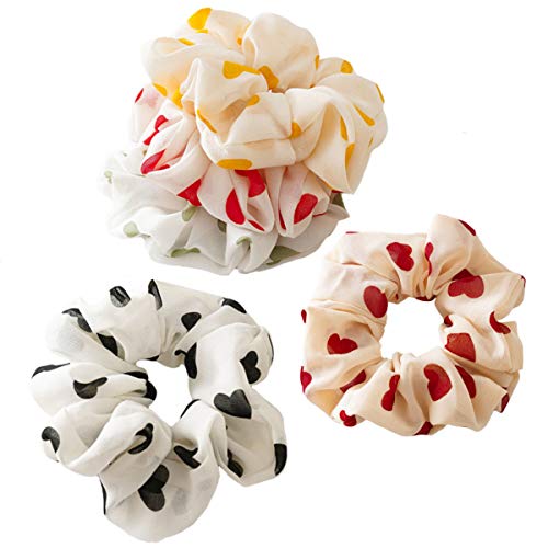 Teppylony 5 Pcs Chiffon Hair Rope Hair Ring Love Heart Printing Satin Fabric Covered Scrunchy Elastic Hair Bands Top Knots Ponytail Holder Accessories for Women - Image 1