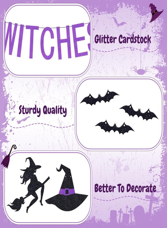 Yexiya 3 Pcs Halloween Drink up Witches Banner and Bat Banner Decoration Halloween Purple Glitter Witches Hanging Paper Garland for Haunted Mansion Witch Party Decoration Supplies - Image 4