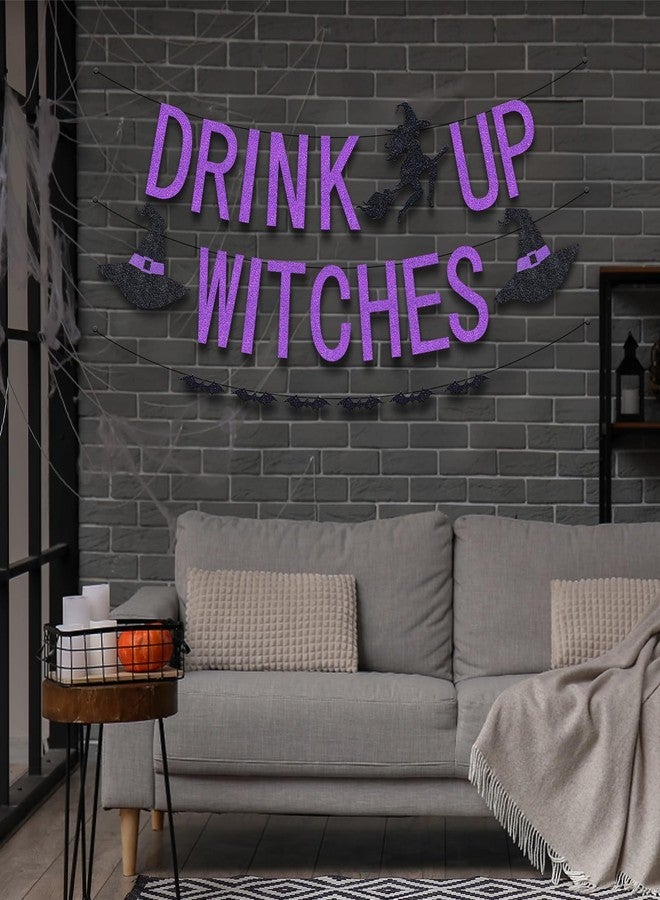 Yexiya 3 Pcs Halloween Drink up Witches Banner and Bat Banner Decoration Halloween Purple Glitter Witches Hanging Paper Garland for Haunted Mansion Witch Party Decoration Supplies - Image 3