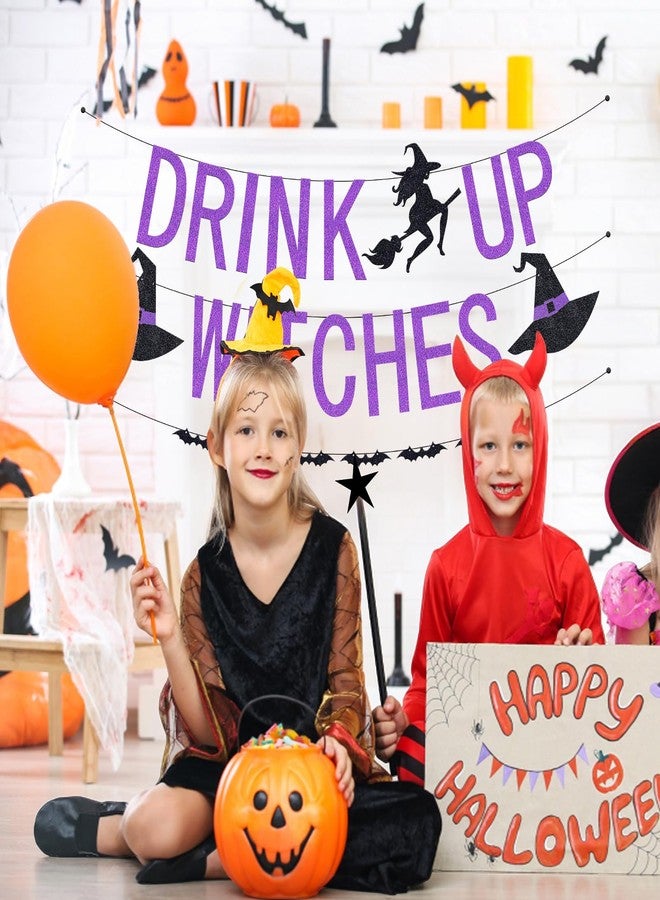 Yexiya 3 Pcs Halloween Drink up Witches Banner and Bat Banner Decoration Halloween Purple Glitter Witches Hanging Paper Garland for Haunted Mansion Witch Party Decoration Supplies - Image 5