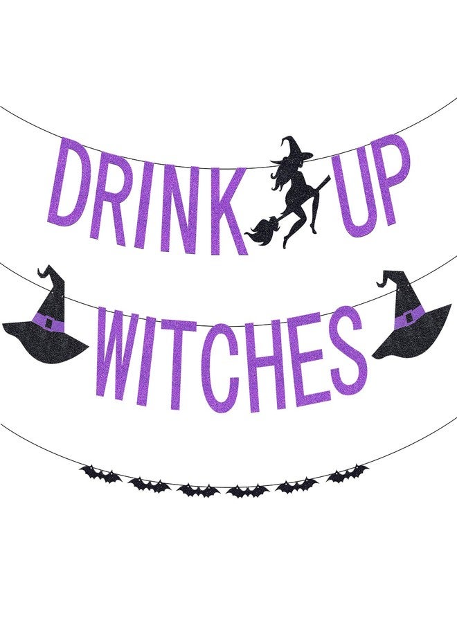 Yexiya 3 Pcs Halloween Drink up Witches Banner and Bat Banner Decoration Halloween Purple Glitter Witches Hanging Paper Garland for Haunted Mansion Witch Party Decoration Supplies - Image 1