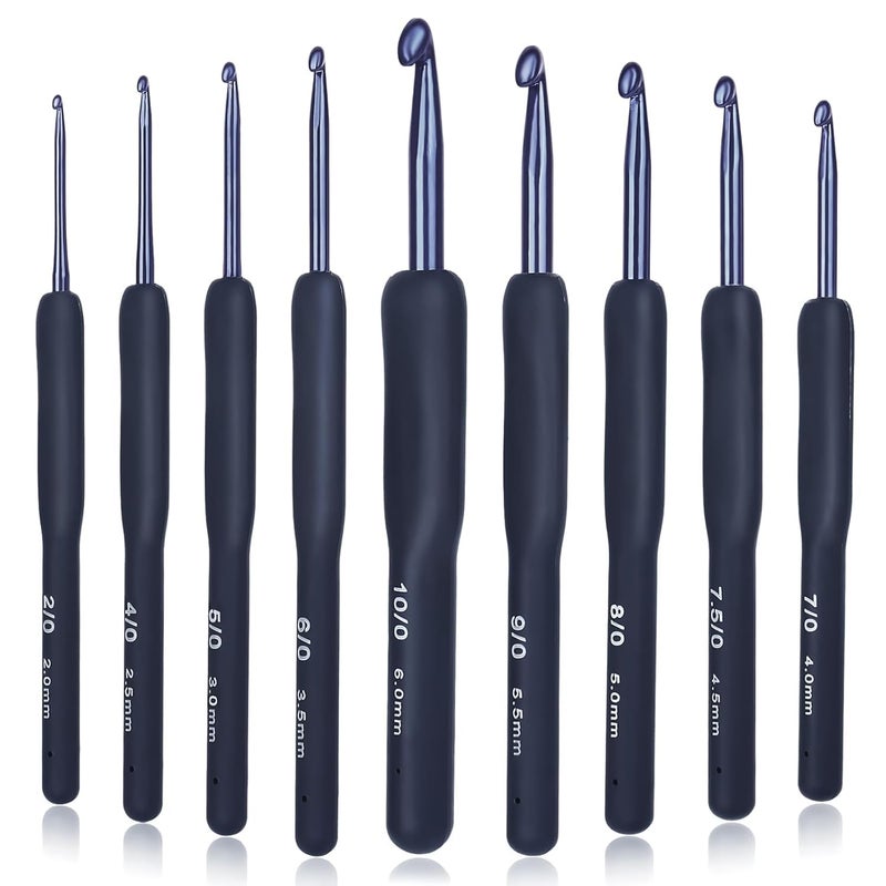 Dodhar 9 Pcs Ergonomic Crochet Hook Set, Dark Blue Aluminium Crochet Hooks Set, Crochet Kit with Soft Grip Handles, Sizes from 2.0Mm to 6.5Mm, Suitable for Different Skill Levels - Image 1