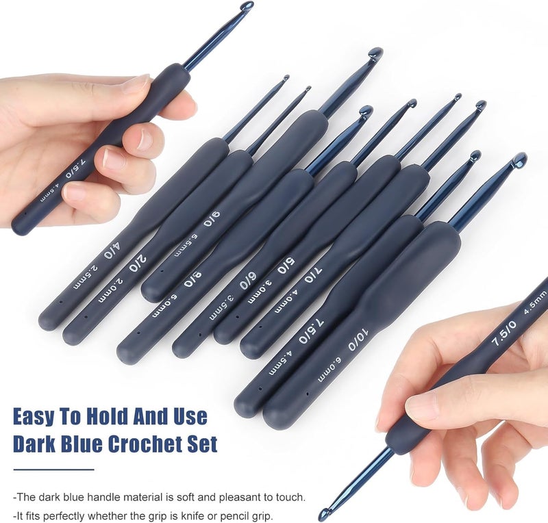 Dodhar 9 Pcs Ergonomic Crochet Hook Set, Dark Blue Aluminium Crochet Hooks Set, Crochet Kit with Soft Grip Handles, Sizes from 2.0Mm to 6.5Mm, Suitable for Different Skill Levels - Image 3
