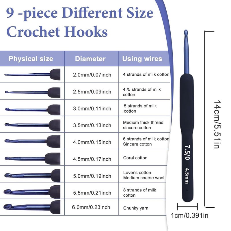 Dodhar 9 Pcs Ergonomic Crochet Hook Set, Dark Blue Aluminium Crochet Hooks Set, Crochet Kit with Soft Grip Handles, Sizes from 2.0Mm to 6.5Mm, Suitable for Different Skill Levels - Image 5