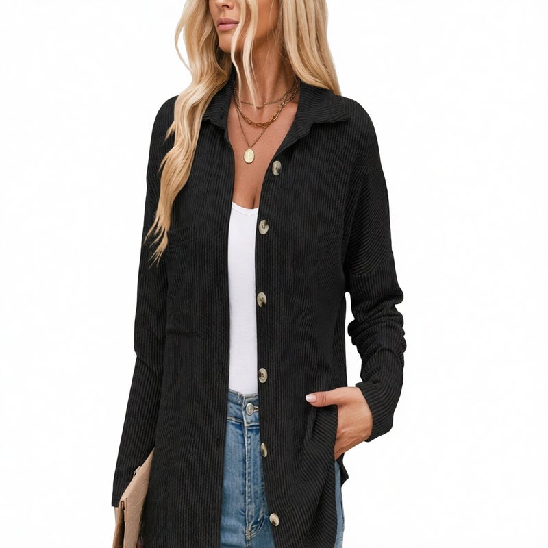 Striped Contrast Pocket Long Sleeve Cardigan Shirt - Image 1
