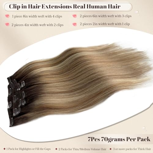 Licoville Balayage Clip in Hair Extensions Human Hair Walnut Ash Brown and Light Blonde Highlights Hair Extensions Real Human Hair Clip ins 12 Inch Ombre Highlight Brown to Blonde Extension - Image 3