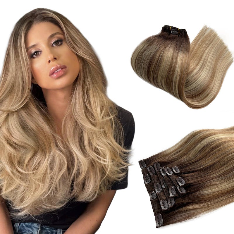 Licoville Balayage Clip in Hair Extensions Human Hair Walnut Ash Brown and Light Blonde Highlights Hair Extensions Real Human Hair Clip ins 12 Inch Ombre Highlight Brown to Blonde Extension - Image 2