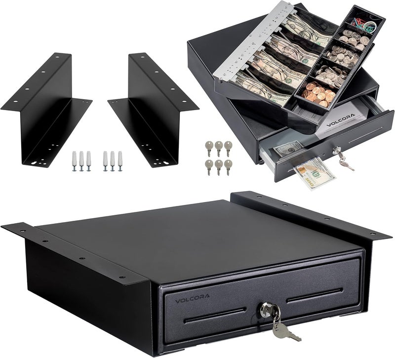Volcora Cash Register Drawer with Under Counter Mounting Metal Bracket, 13" Black Cash Drawer for POS, 4 Bill 5 Coin Cash Tray, Fully Removable 2Tier Compartment 12-24V RJ11/RJ12 Key-Lock - Image 1