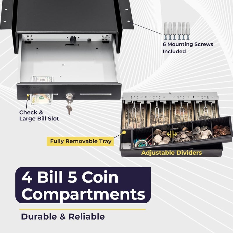 Volcora Cash Register Drawer with Under Counter Mounting Metal Bracket, 13" Black Cash Drawer for POS, 4 Bill 5 Coin Cash Tray, Fully Removable 2Tier Compartment 12-24V RJ11/RJ12 Key-Lock - Image 3