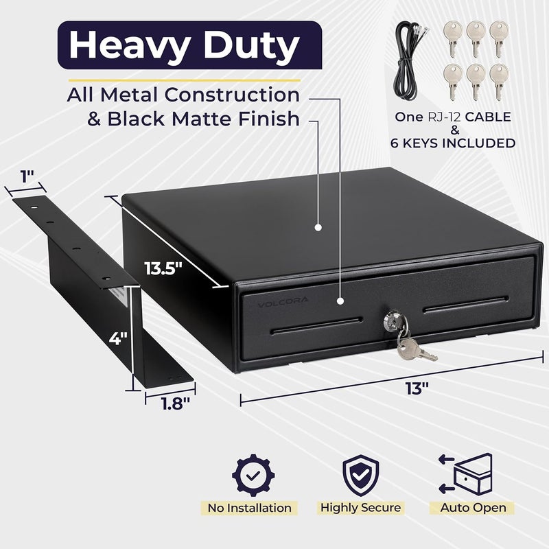 Volcora Cash Register Drawer with Under Counter Mounting Metal Bracket, 13" Black Cash Drawer for POS, 4 Bill 5 Coin Cash Tray, Fully Removable 2Tier Compartment 12-24V RJ11/RJ12 Key-Lock - Image 2