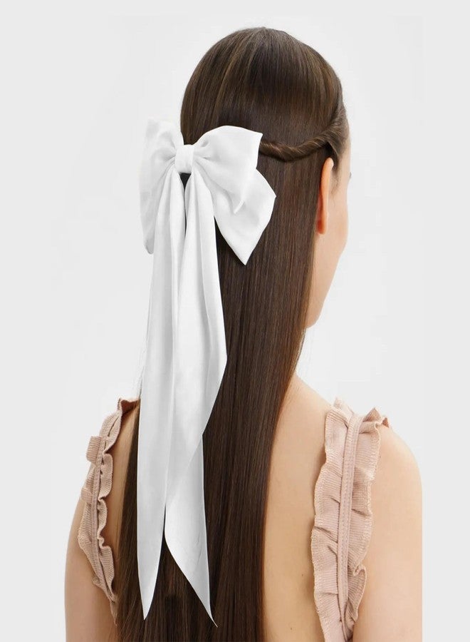 CellElection Vintage White Silky Satin Hair Bow Clips with Long Tails - White Hair Accessories for Women & Girls - 1pc - Image 1