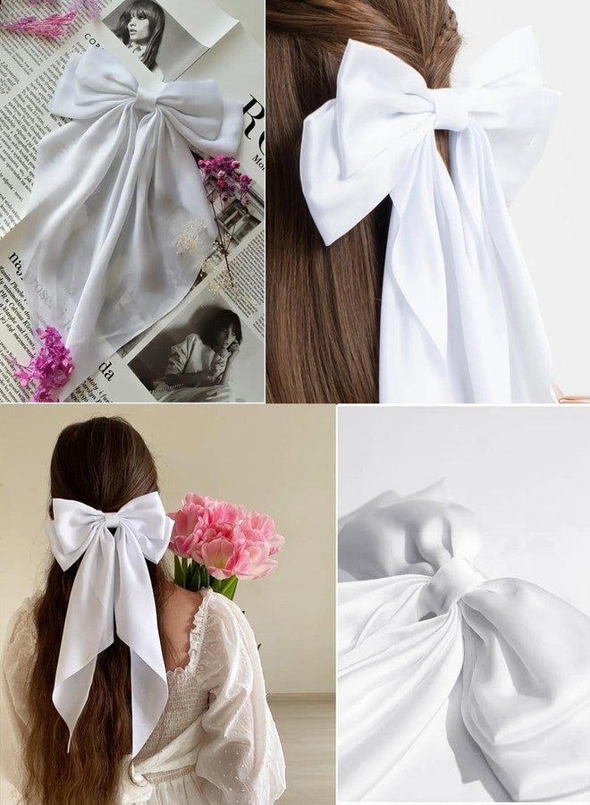 CellElection Vintage White Silky Satin Hair Bow Clips with Long Tails - White Hair Accessories for Women & Girls - 1pc - Image 2