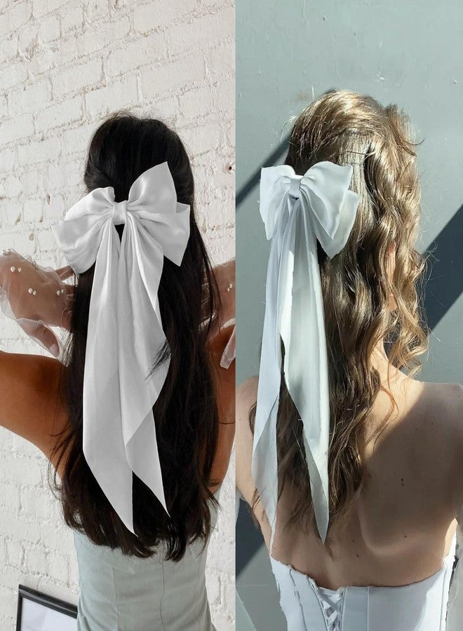 CellElection Vintage White Silky Satin Hair Bow Clips with Long Tails - White Hair Accessories for Women & Girls - 1pc - Image 3