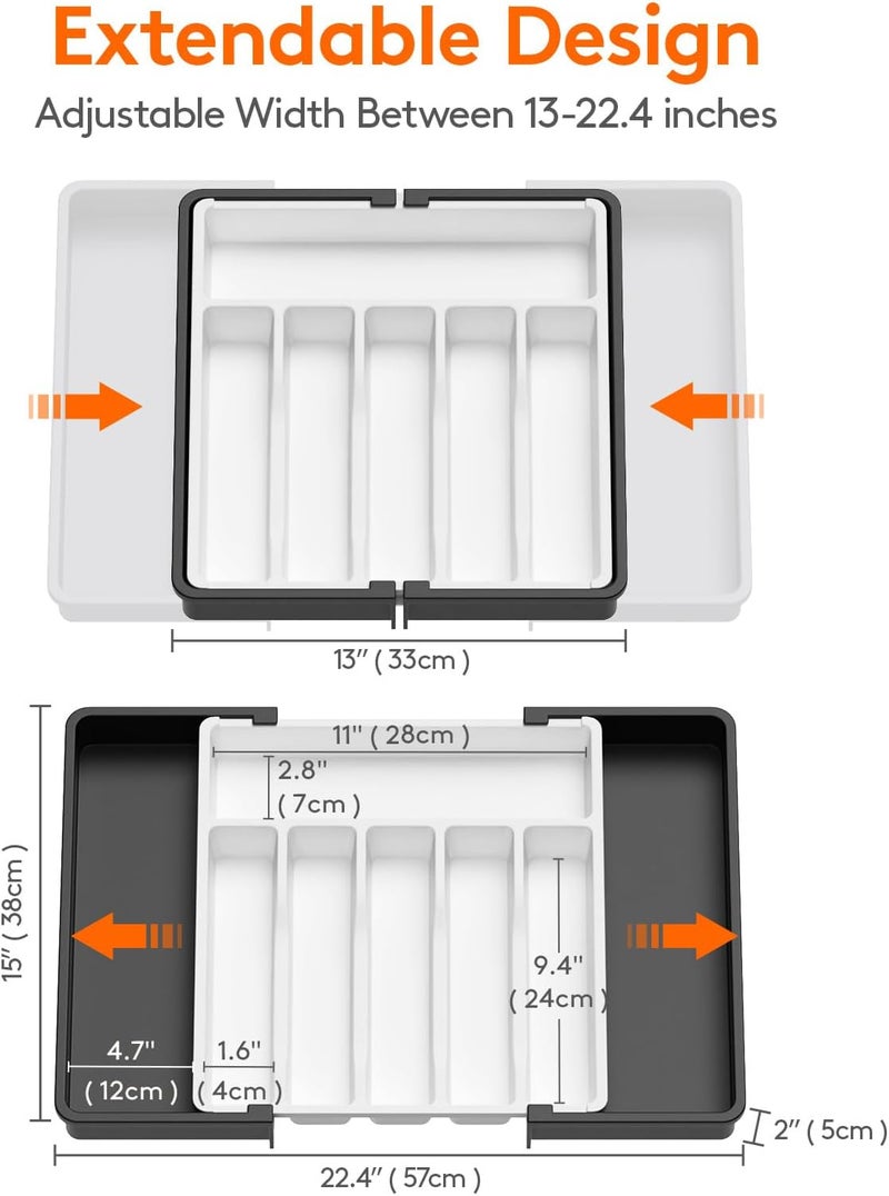 Cutlery Tray for Drawers 40 50, Adjustable Plastic Organiser Kitchen Depth 38 cm, Cutlery Tray 6-8 Compartments, Expandable to 57 cm, for Spoons, Forks and Tableware, White and Black - Image 3