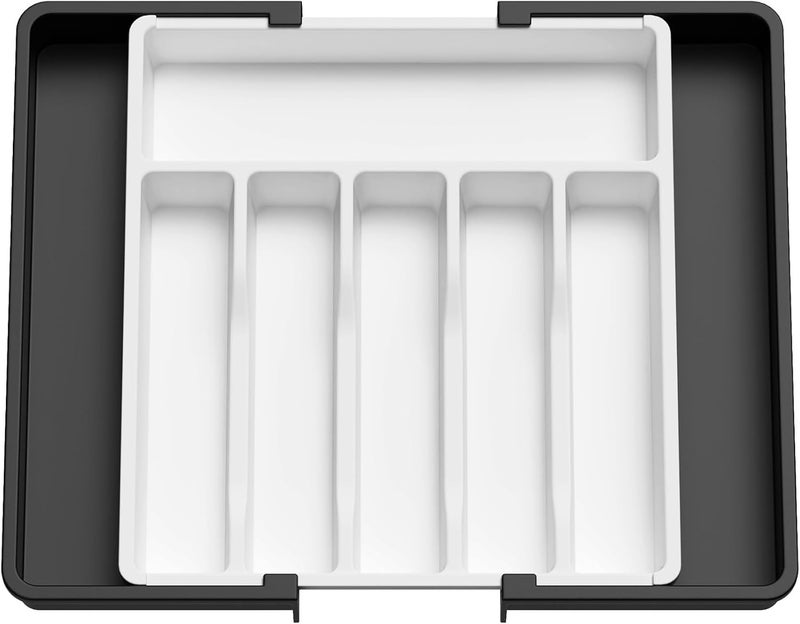 Cutlery Tray for Drawers 40 50, Adjustable Plastic Organiser Kitchen Depth 38 cm, Cutlery Tray 6-8 Compartments, Expandable to 57 cm, for Spoons, Forks and Tableware, White and Black - Image 1