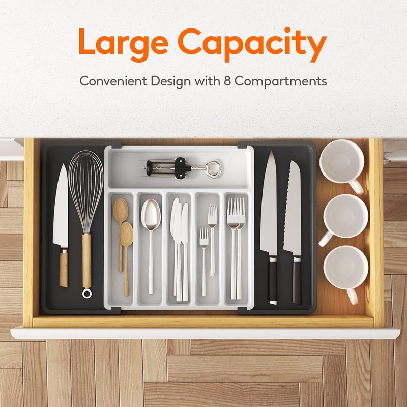 Cutlery Tray for Drawers 40 50, Adjustable Plastic Organiser Kitchen Depth 38 cm, Cutlery Tray 6-8 Compartments, Expandable to 57 cm, for Spoons, Forks and Tableware, White and Black - Image 2