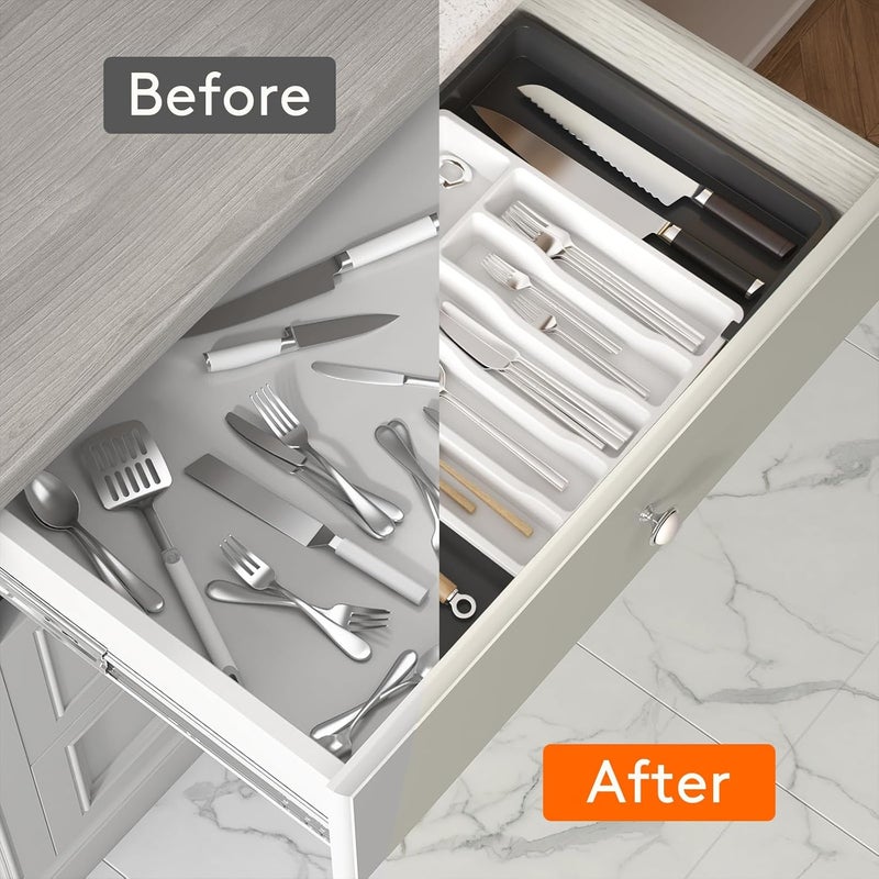 Cutlery Tray for Drawers 40 50, Adjustable Plastic Organiser Kitchen Depth 38 cm, Cutlery Tray 6-8 Compartments, Expandable to 57 cm, for Spoons, Forks and Tableware, White and Black - Image 5