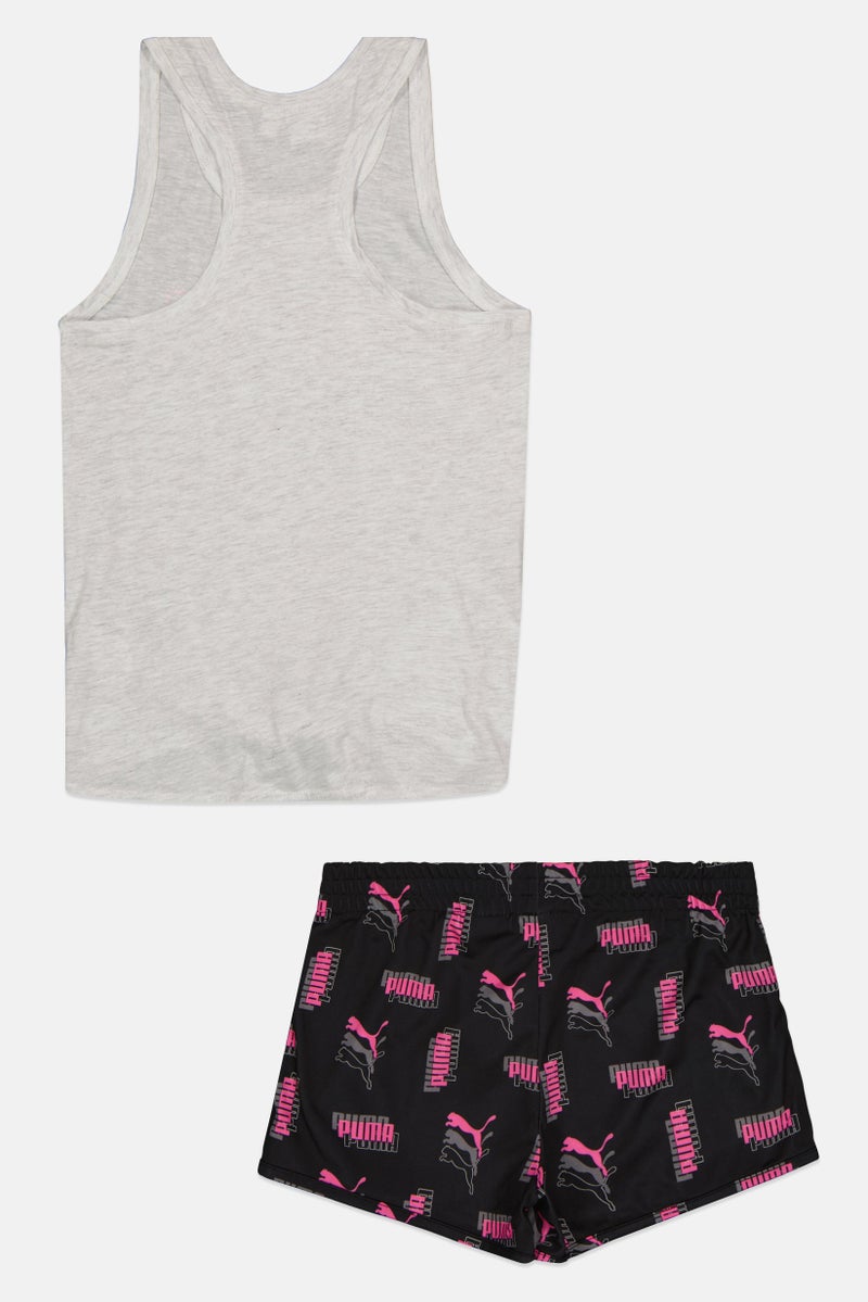 PUMA بلوزة بدون أكمام وشورت بطبعة جرافيك للبنات، رمادي/أسود - Image 2