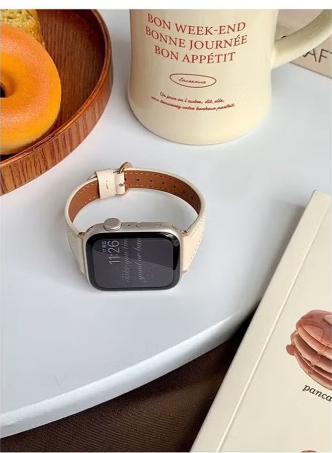 HY Apple Watch Leather Band Women’s - Premium Top Grain Genuine Leather Strap, Ultra-Thin Design for 38/40/41mm Series 1-10/SE/ULTRA 2, Off-White Neutral Watch Wristband - Image 4