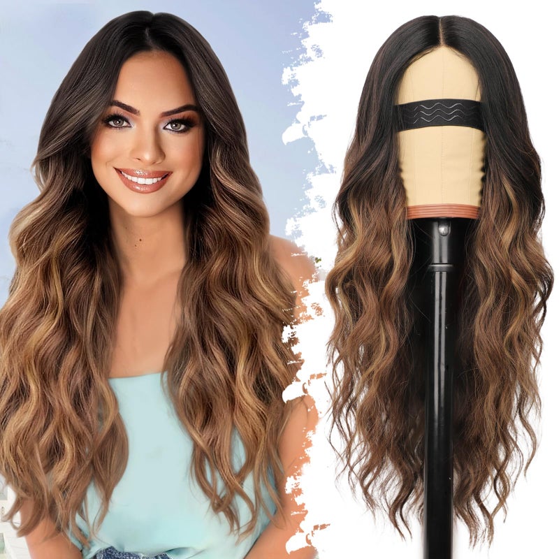 Eawwii Brown Highlights Wig for Women Long Wavy 4x1 Lace Natural Hairline Glueless for Beginners Middle Part Synthetic for Daily Party Use 26Inch - Image 2