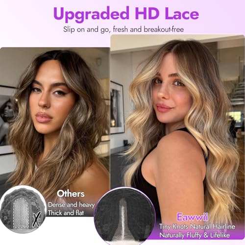 Eawwii Brown Highlights Wig for Women Long Wavy 4x1 Lace Natural Hairline Glueless for Beginners Middle Part Synthetic for Daily Party Use 26Inch - Image 3