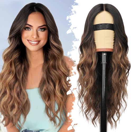 Eawwii Brown Highlights Wig for Women Long Wavy 4x1 Lace Natural Hairline Glueless for Beginners Middle Part Synthetic for Daily Party Use 26Inch - Image 1