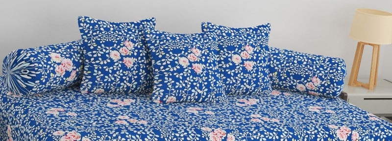 SHOMES Pure Soft Cotton Printed Diwan Set Covers 6 Pieces - 1 Single Bed Sheet (60 X 90) with 3 Cushion (16 X 16), 2 Bolster Covers (16 X 32) - (Blue, Medium) - Image 2