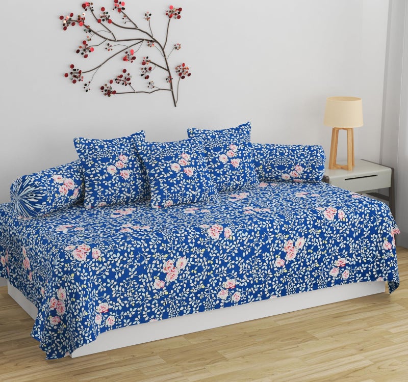 SHOMES Pure Soft Cotton Printed Diwan Set Covers 6 Pieces - 1 Single Bed Sheet (60 X 90) with 3 Cushion (16 X 16), 2 Bolster Covers (16 X 32) - (Blue, Medium) - Image 5