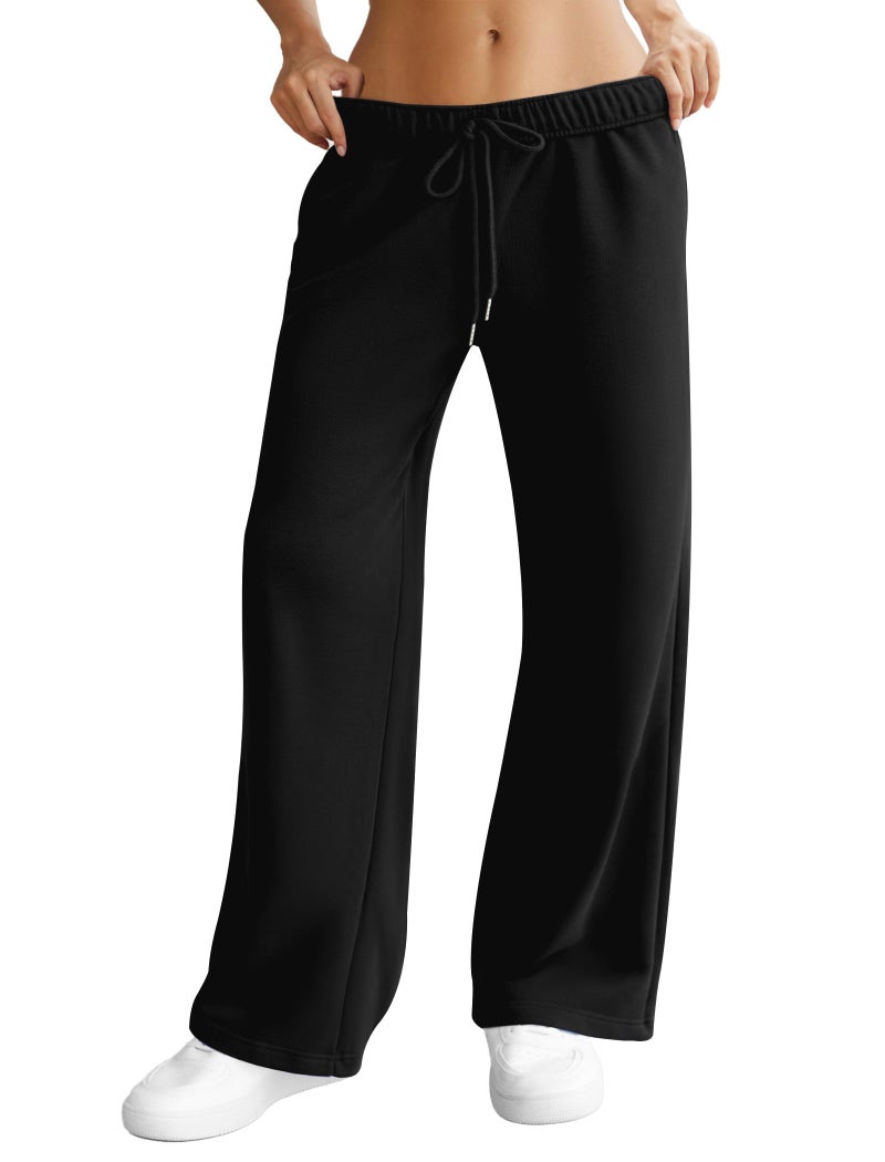 DLOODA Womens Wide Leg Sweatpants Interior Drawstring Baggy Sweat Pants with Pockets Elastic Waisted Lounge Casual Trousers Black - Image 1