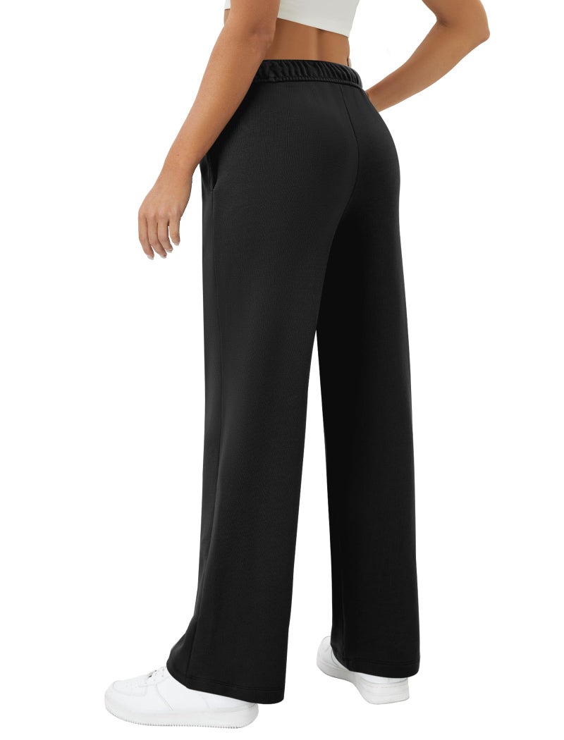 DLOODA Womens Wide Leg Sweatpants Interior Drawstring Baggy Sweat Pants with Pockets Elastic Waisted Lounge Casual Trousers Black - Image 2