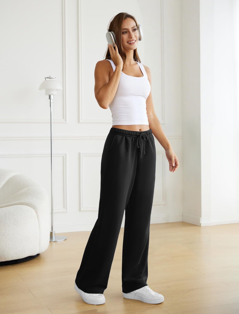 DLOODA Womens Wide Leg Sweatpants Interior Drawstring Baggy Sweat Pants with Pockets Elastic Waisted Lounge Casual Trousers Black - Image 5