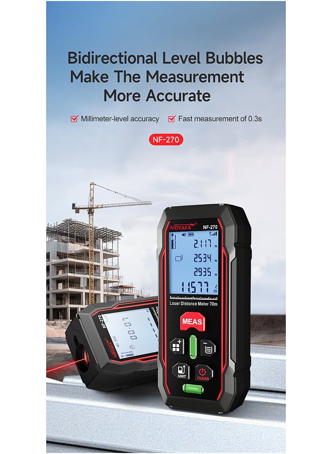 NOYAFA NF270 Laser Rangefinder 70m/229ft Digital Laser Distance Meter M/ft/in/ft+in Range Finder with Dual Level Bubbles LCD Backlight Display Measure Distance Area Volume  - Image 4