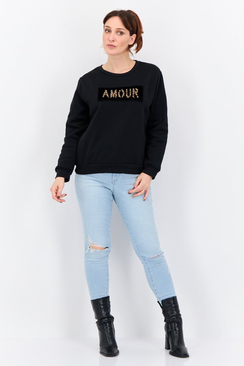 Buzz Women Crew Neck Long Sleeves Printed Sweatshirt, Black - Image 4