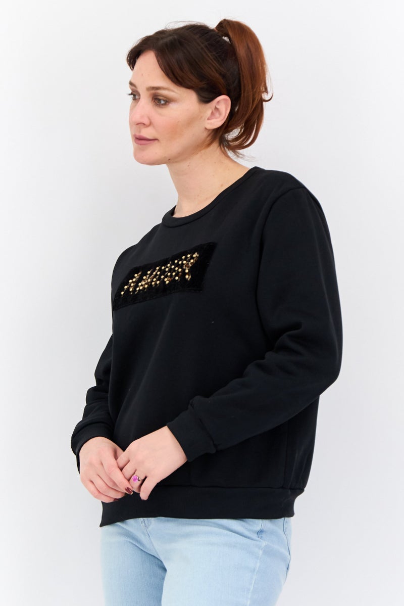 Buzz Women Crew Neck Long Sleeves Printed Sweatshirt, Black - Image 2
